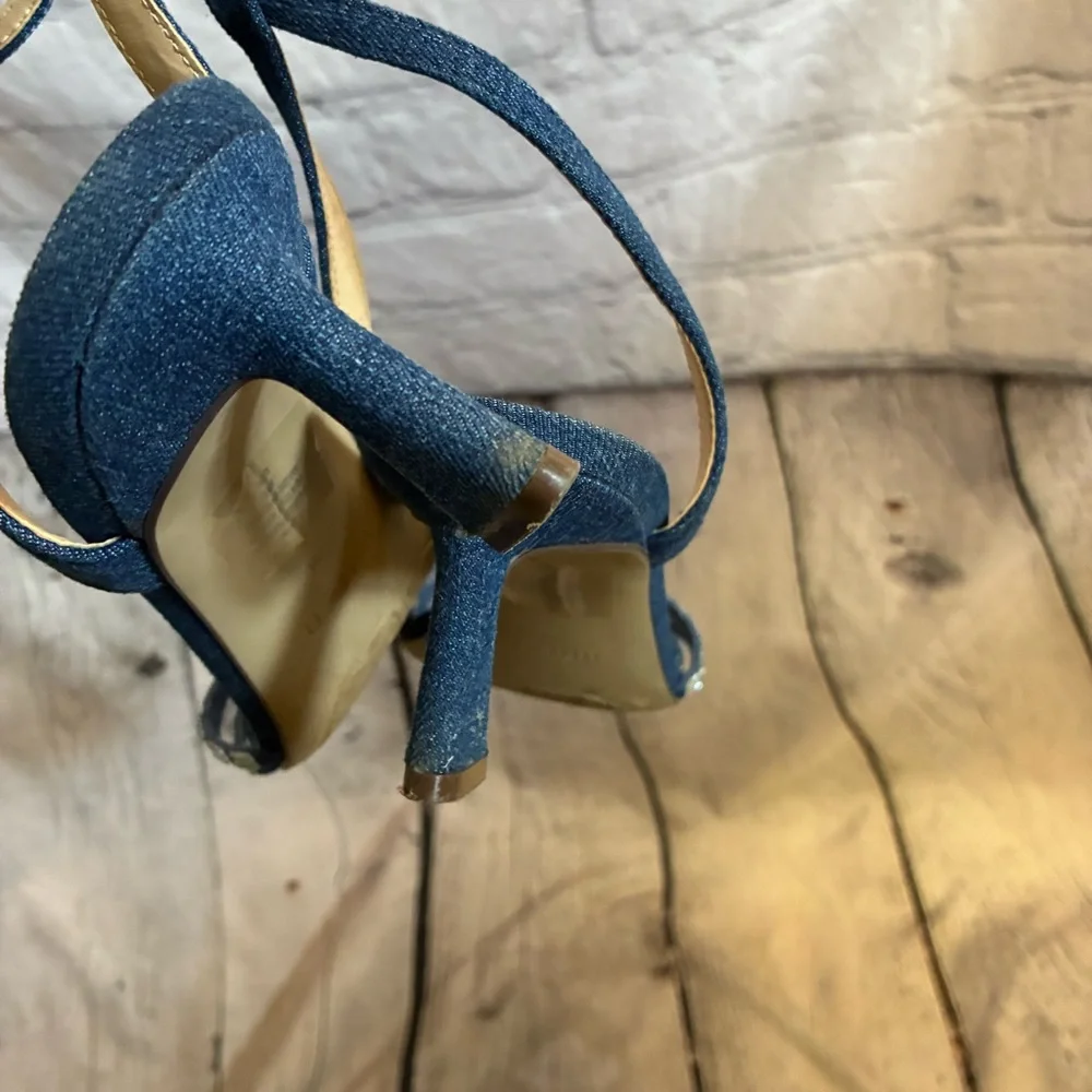 Unisa Women’s Blue Denim Strappy Rhinestone Embellished Block‎ Heel Sandals GUC